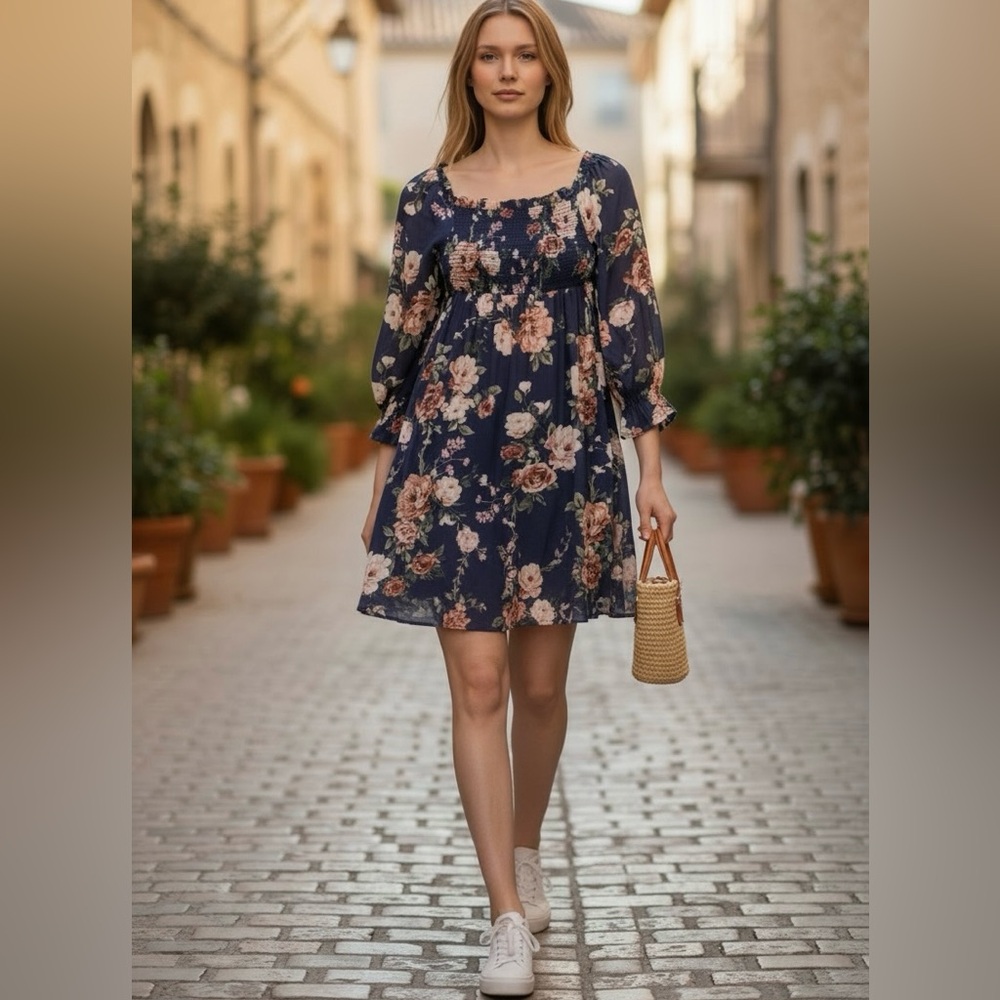 Xhilaration Floral 3/4 Sleeve‎ Mini Dress in Blue - Size Large